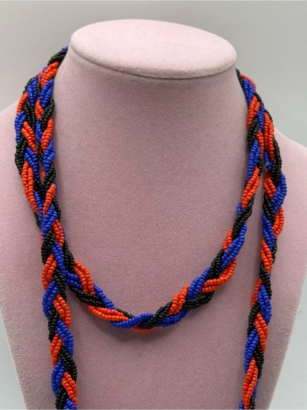 Braided Seed Bead Long Necklace - Blue, Red & Black